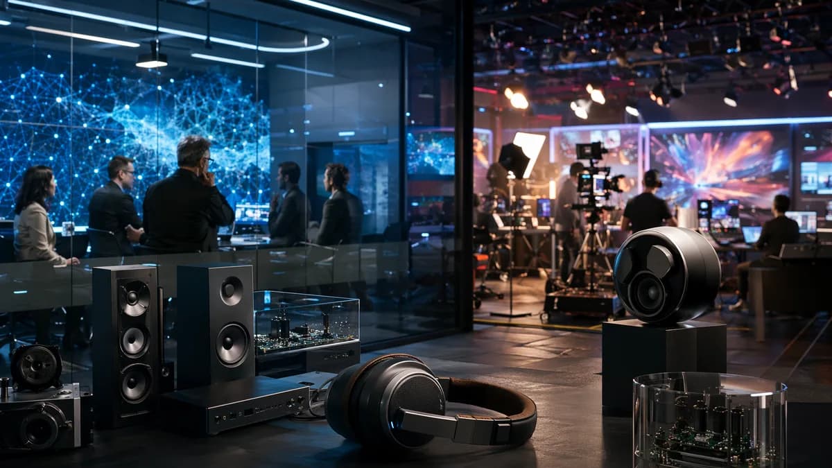 Audio tech lab split between premium hardware and a distracting media production studio.