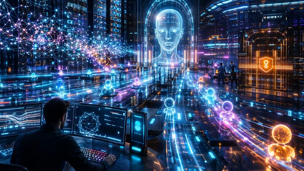 Futuristic operations hub showing trusted bot agents moving through secure digital networks and payment streams.