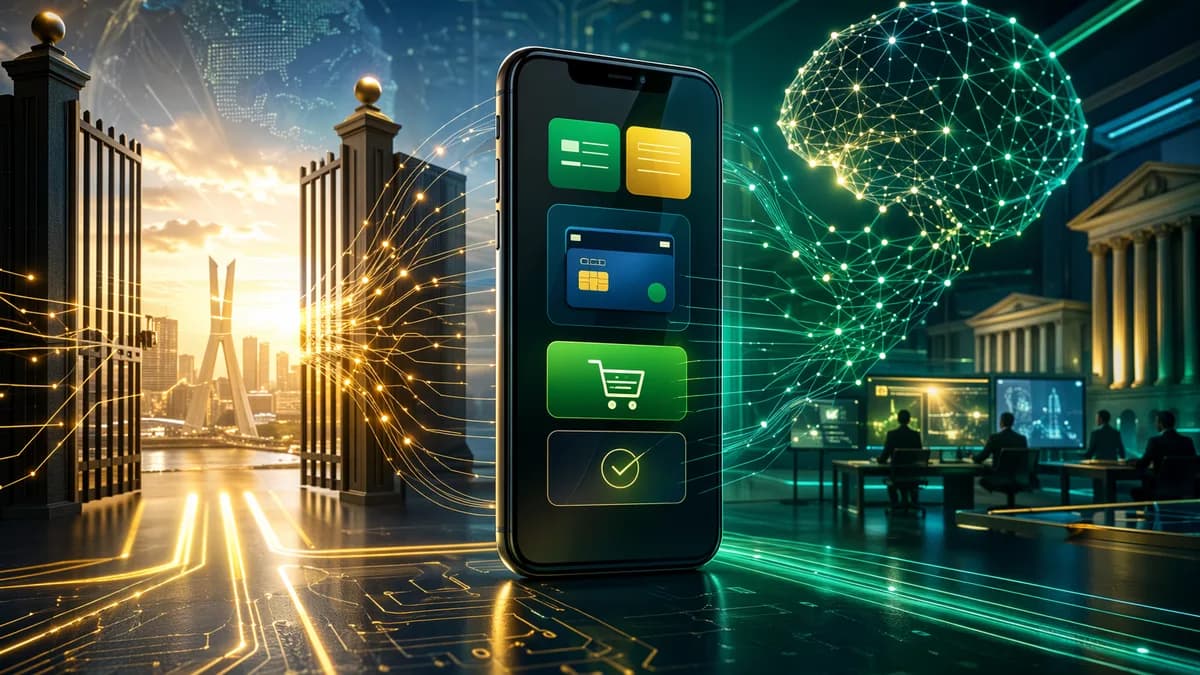 Generic smartphone app marketplace opening to competition with Brazil-inspired tech visuals.