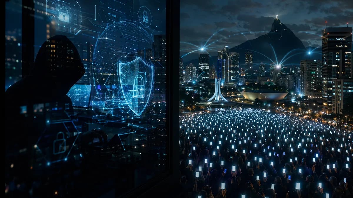 Dark cybersecurity scene of hacked emergency alerts glowing across smartphones in a Brazilian city at night
