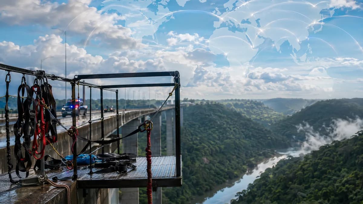 Somber Brazil bridge scene with rope jump gear and global news map overlay.