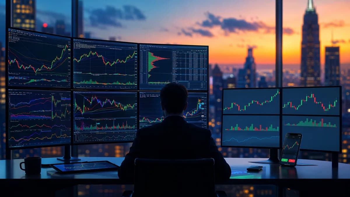 Analyst at trading desk comparing advanced charting tools and simplified trading apps