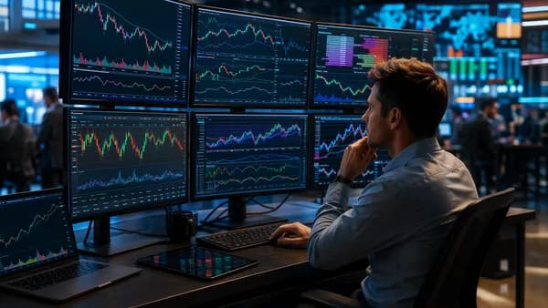 Trader compares advanced broker charting tools on monitors with market data visuals