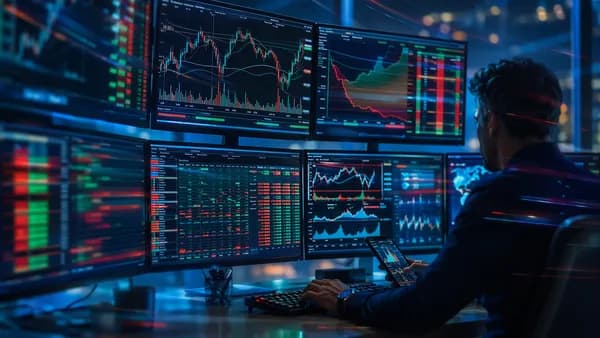 Trader at fast multi-screen charting platform with market data visuals and low-latency execution feel