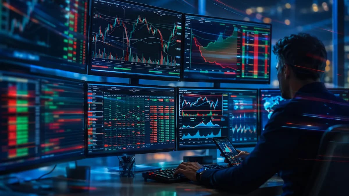 Trader at fast multi-screen charting platform with market data visuals and low-latency execution feel