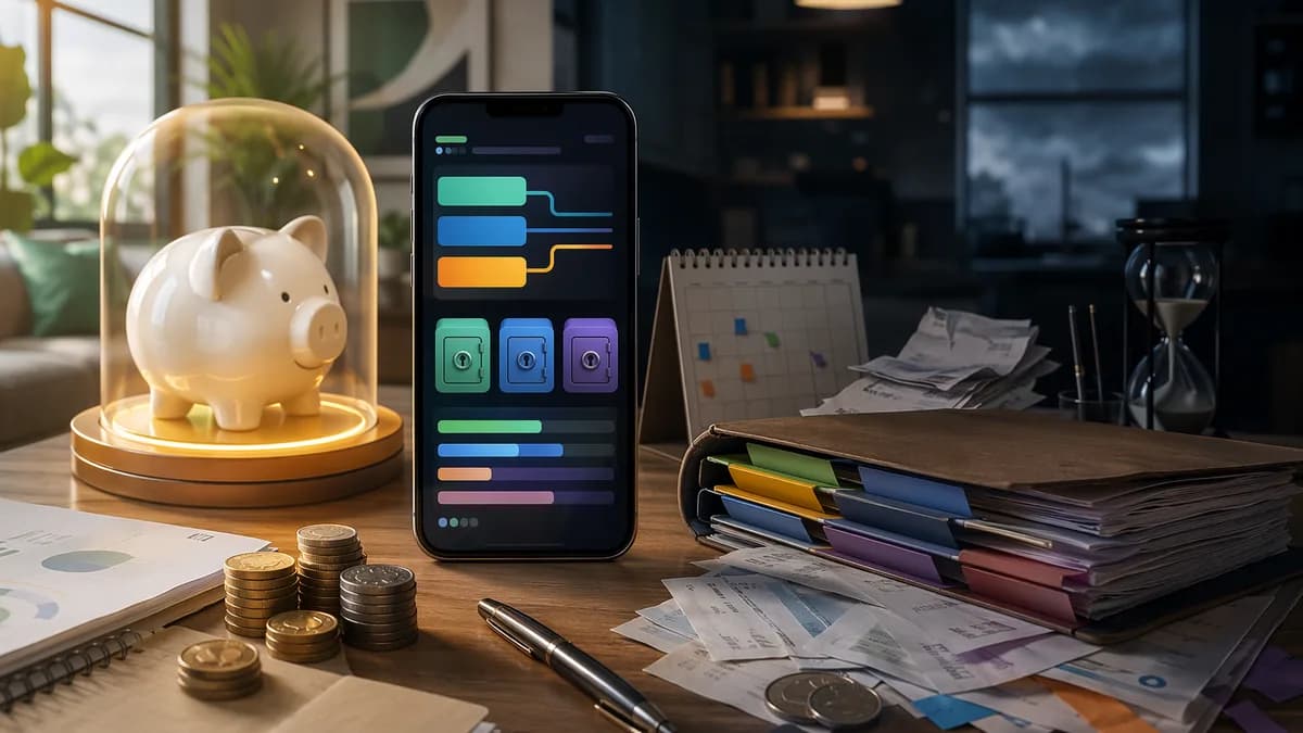 Freelancer desk with budgeting app visuals, savings buffer, and cash-flow planning for irregular income.