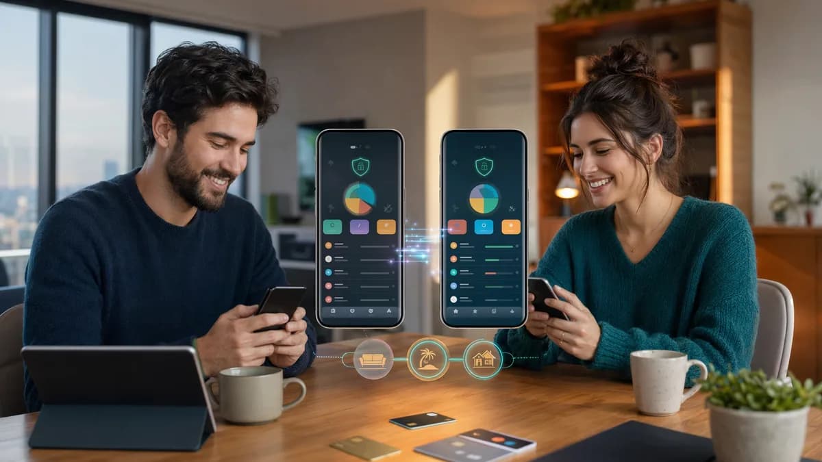 Couple using separate budgeting apps to split bills and track shared savings goals.
