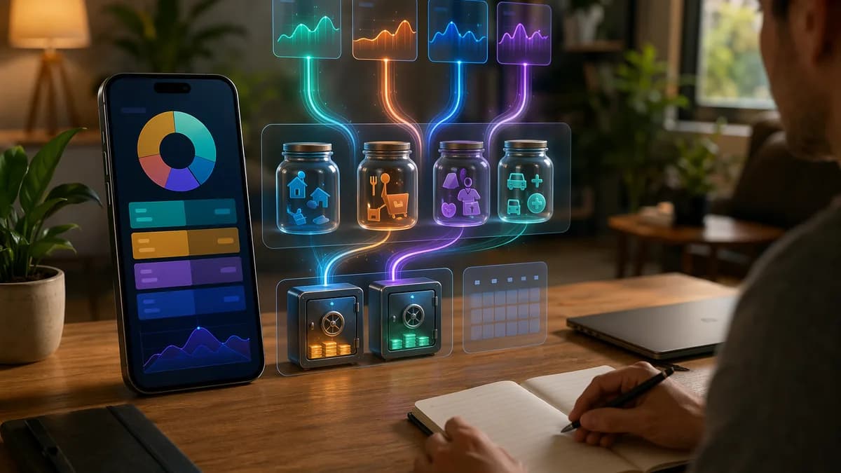 Smartphone budgeting concept for freelancers managing irregular income, taxes, and lean months.