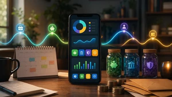 Smartphone budgeting app with abstract charts, savings buckets, and fluctuating income waves on a freelancer desk.