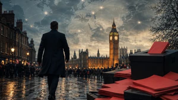 UK politician approaches Parliament after a decisive byelection, with global map connections behind him.