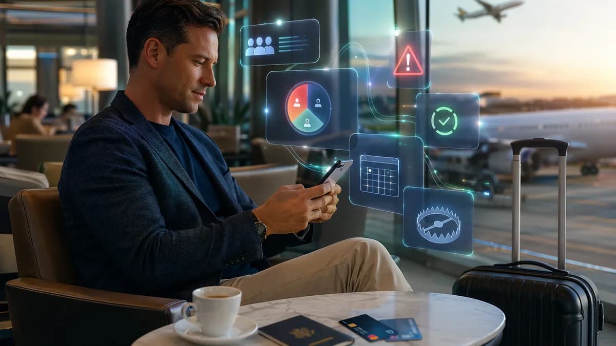 Traveler using BNPL travel app at airport with subtle hidden cost and payment risk visuals