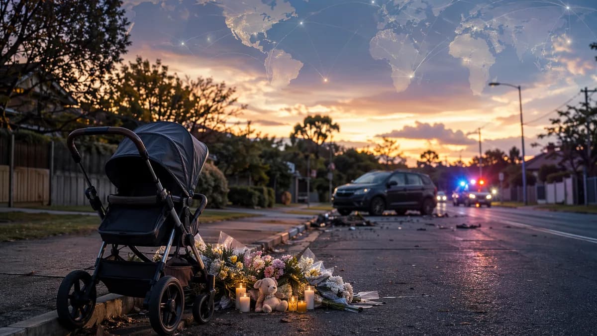 Somber Sydney roadside memorial with an empty pram and subtle global map overlay.