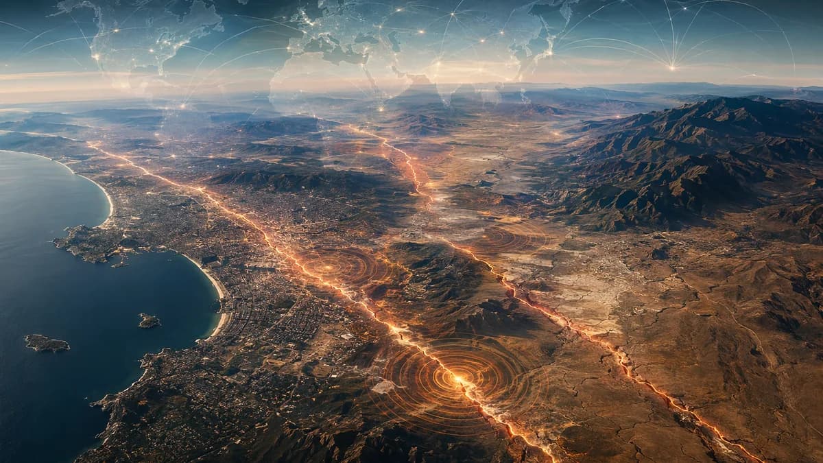 Southern California fault lines glowing under seismic stress with global map connections