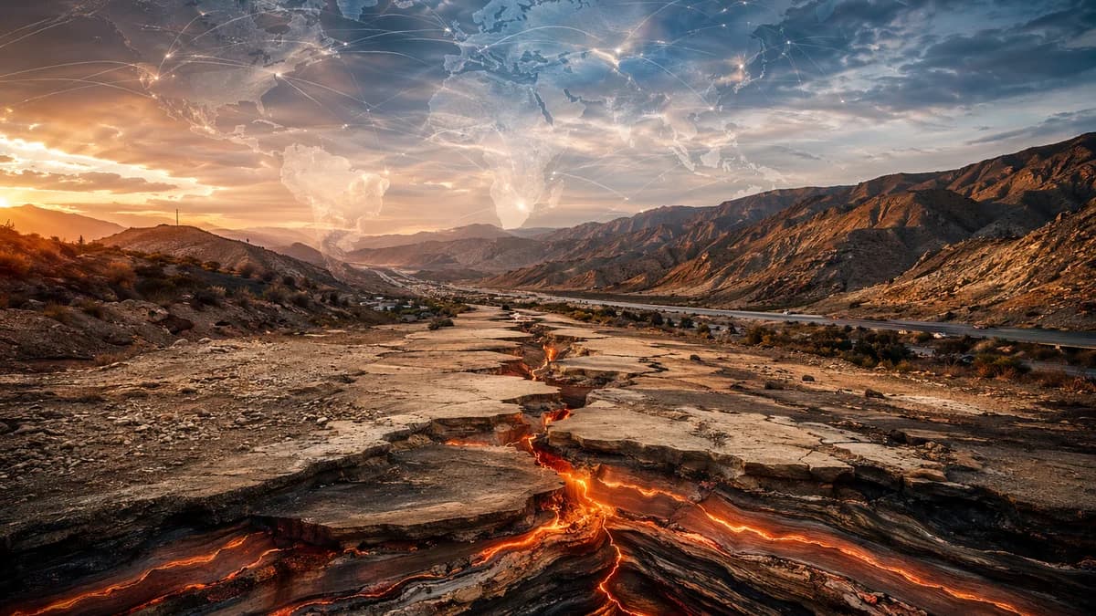 Cinematic California fault lines with glowing seismic stress and a faint global map overlay.