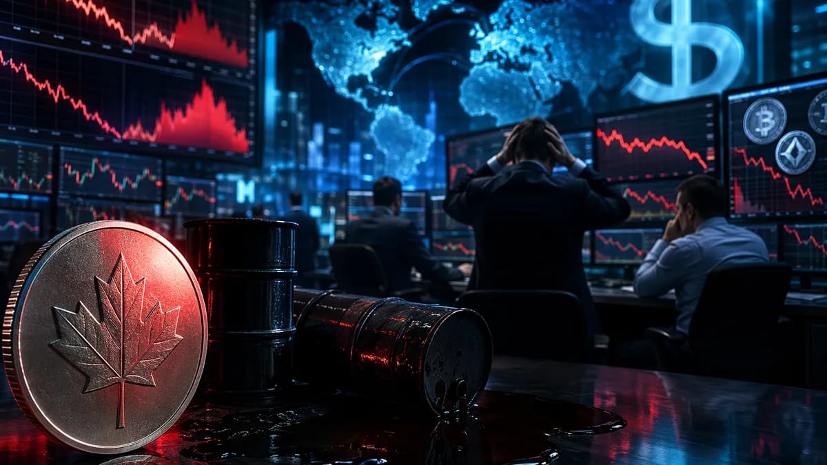 Trading floor with falling charts, oil barrels, and maple leaf coin symbolizing Canadian dollar pressure.