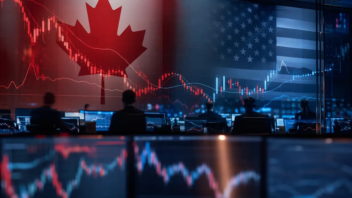 Trading desk with abstract charts and maple leaf tones showing CAD pressure against the US dollar