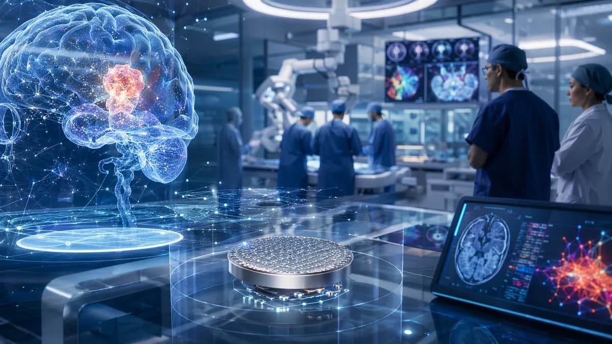 Futuristic lab scene showing a tiny brain implant and holographic brain scan for cancer monitoring.