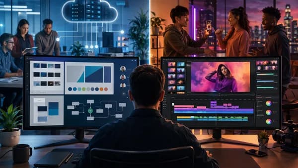 Split-screen SaaS video workflow showing brand control versus fast short-form editing tools.