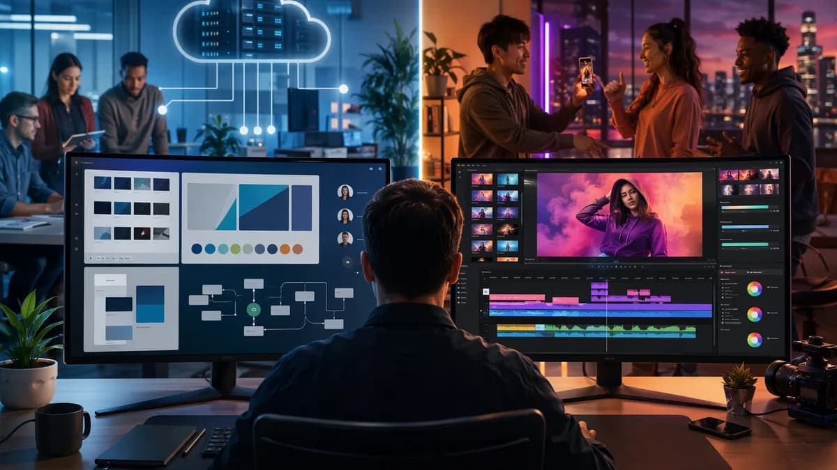 Split-screen SaaS video workflow showing brand control versus fast short-form editing tools.