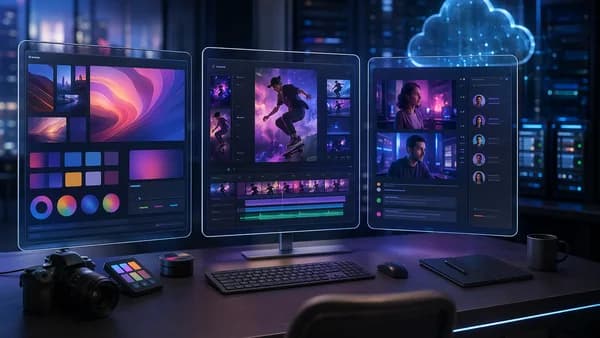 Editorial hero image of three cloud-based video editing workflows on modern SaaS dashboards.