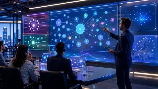 Founders and investors review abstract cap table data in a futuristic fundraising workspace.