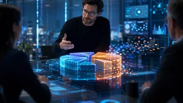 Founder studies an abstract holographic cap table as equity blocks fragment, symbolizing hidden dilution risk.