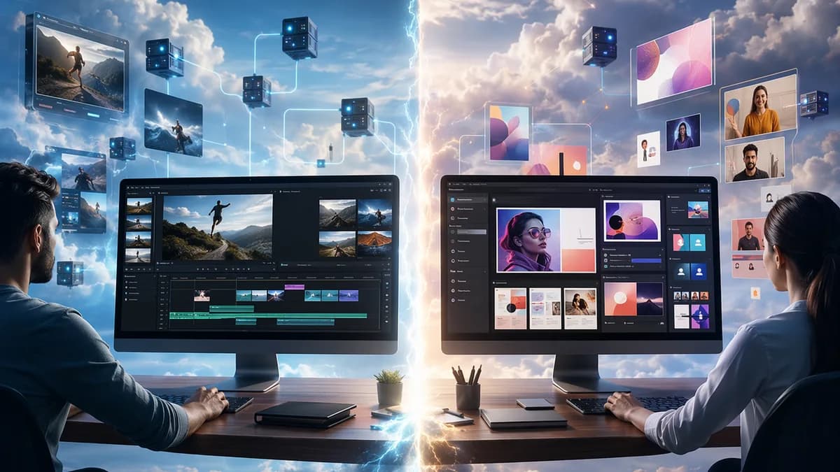Split-screen SaaS video editing workspaces comparing fast clips and branded team design workflows.