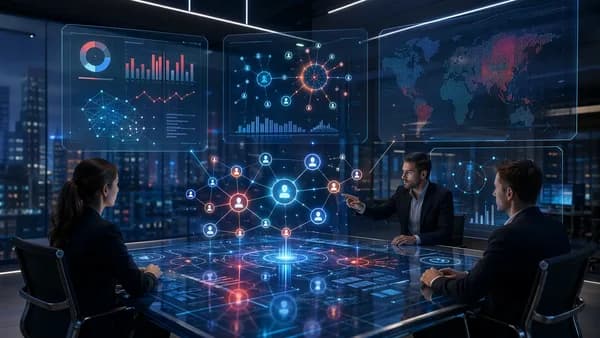 Futuristic cap table workspace with holographic equity nodes and subtle risk signals.