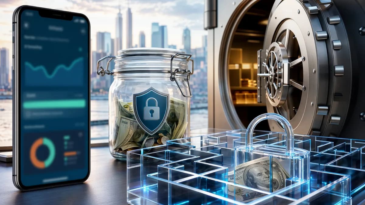 Smartphone banking app, emergency cash jar, and locked digital maze symbolizing savings app cash traps.