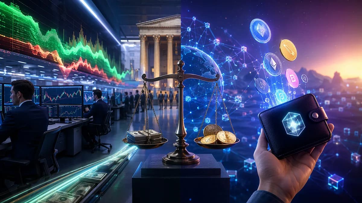Split crypto trading scene contrasting centralized liquidity with decentralized self-custody and altcoin access