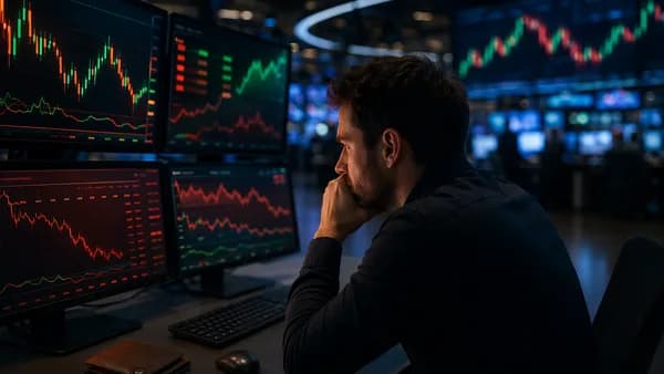 Small-account CFD trader watching volatile market charts and risk indicators on a modern trading desk.