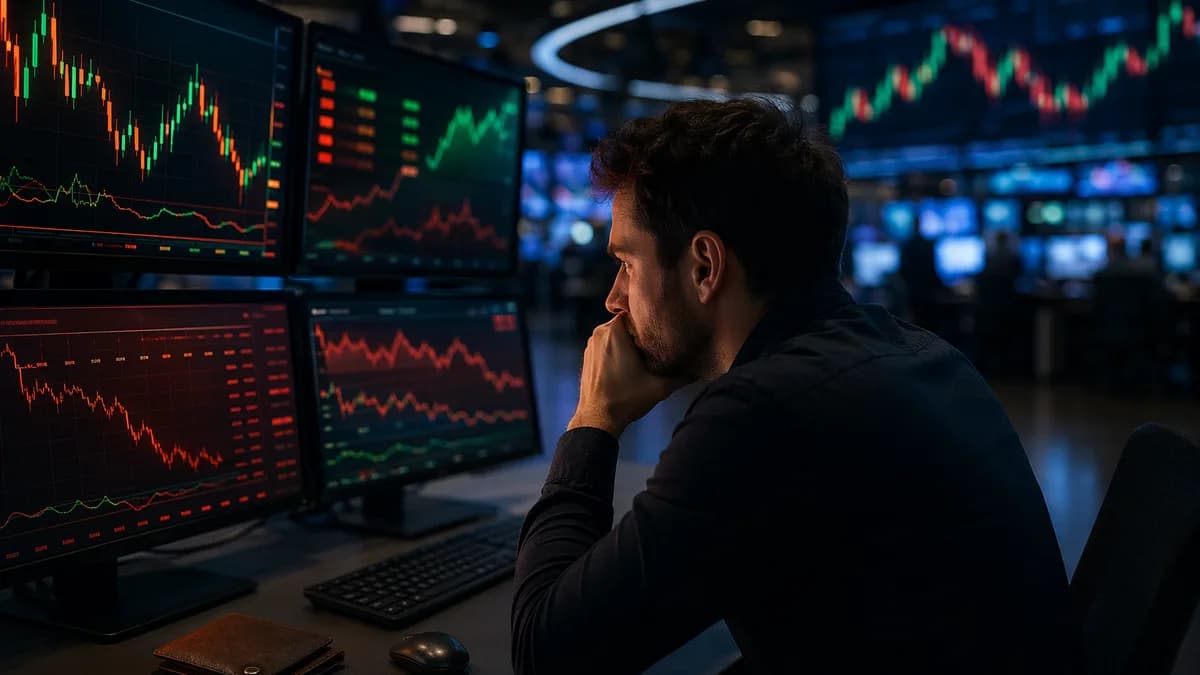 Small-account CFD trader watching volatile market charts and risk indicators on a modern trading desk.