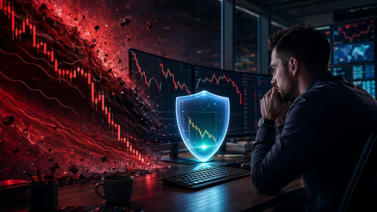Trader watches volatile CFD charts with a protective shield symbolizing negative balance protection limits.