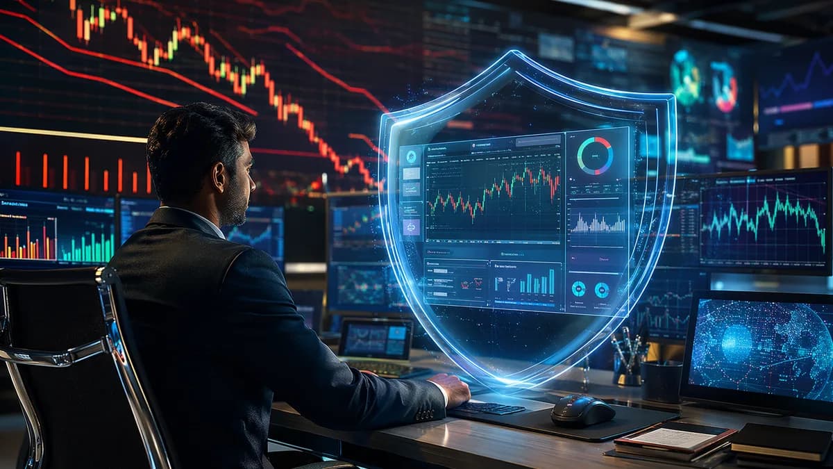 Trader protected by a digital shield amid CFD market charts and trading floor screens.