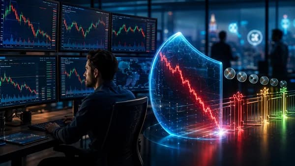 Trader viewing volatile market charts with a glowing shield symbolizing stop loss protection and platform limits.