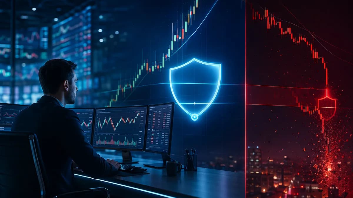 Trader viewing CFD market charts with a protective shield symbolizing guaranteed stop protection