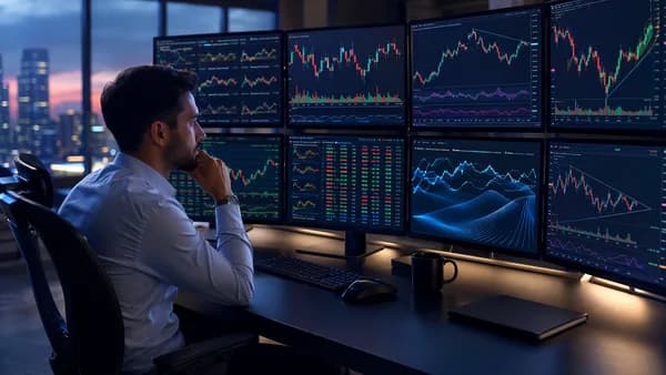Swing trader using clean charting software across multiple monitors in a modern trading office