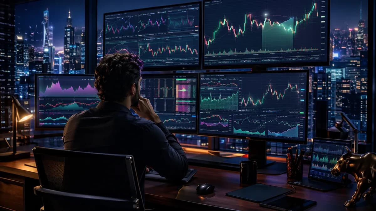Trader workstation with abstract charts and AI-like signals for swing trade opportunities