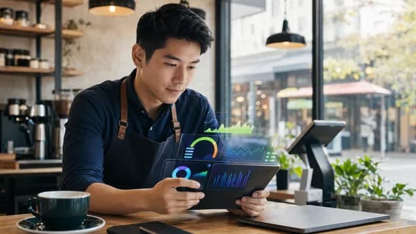 Small business owner reviews digital credit insights and analytics on a tablet in a modern café office.