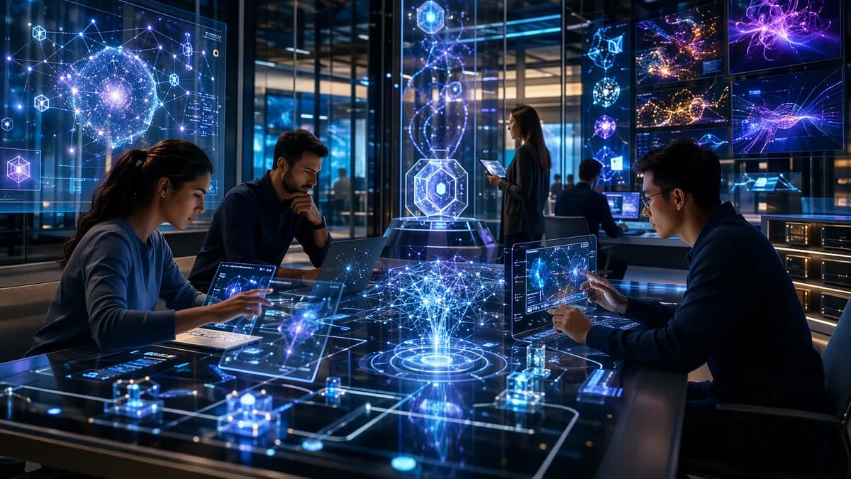 Team in futuristic AI workspace using connected tools for writing, research, coding, and automation