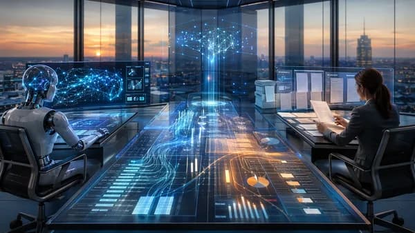 Two AI workstations compare abstract spreadsheet analytics in a futuristic tech workspace.