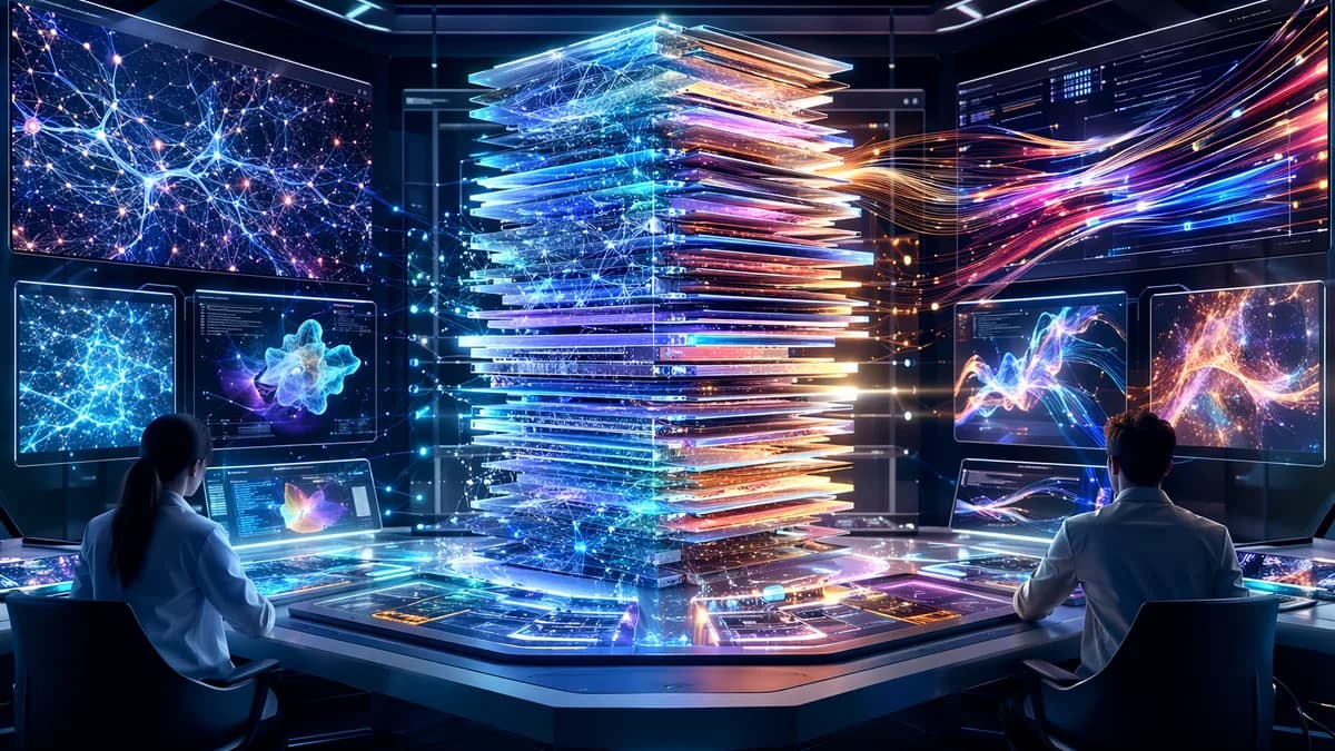 Two futuristic AI workstations compare long technical documents in a sleek innovation hub.