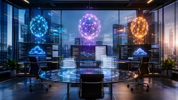 Three AI workstations compare business writing tools in a futuristic tech workspace.