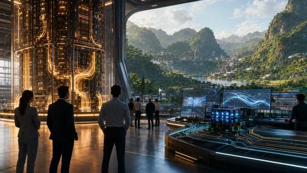 Futuristic AI workspace contrasting a massive premium model with a compact efficient system.