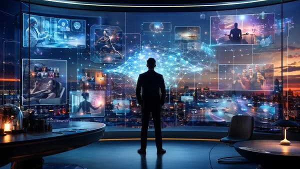 Investor in futuristic AI hub viewing hidden neural networks powering everyday services