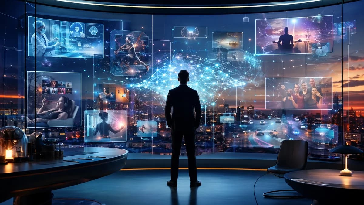 Investor in futuristic AI hub viewing hidden neural networks powering everyday services
