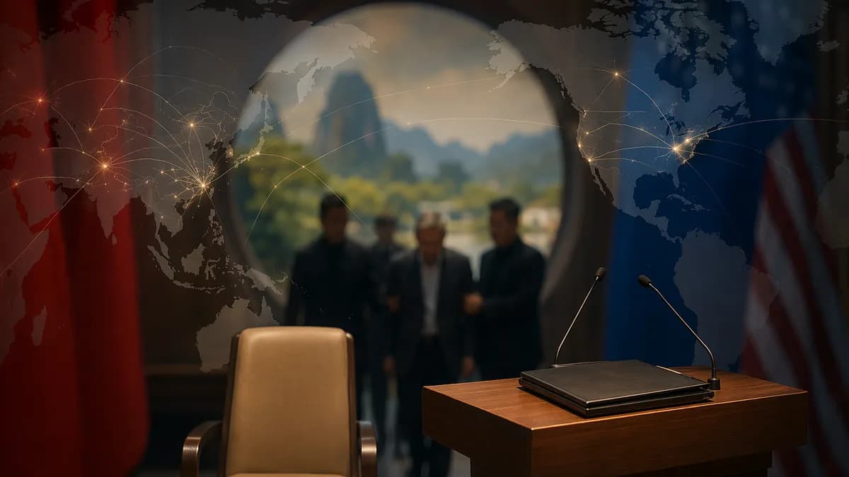 Empty conference chair with blurred officials, world map overlay, suggesting China-US espionage tensions.