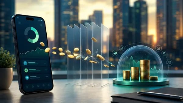 Smartphone micro-investing concept showing small coins reduced by fees in a modern fintech setting.