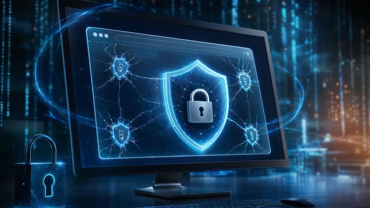 Generic browser protected by glowing shields after an urgent zero-day security patch.