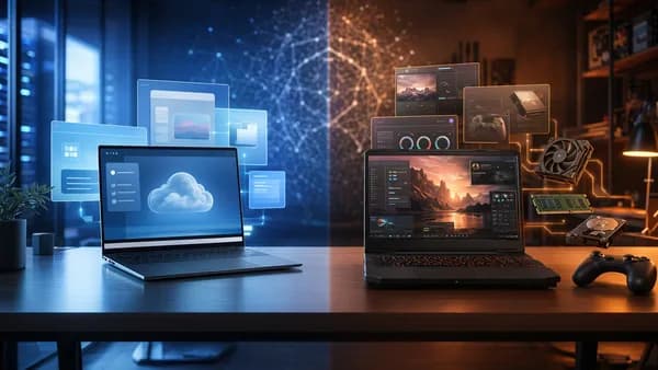 Side-by-side laptops in a futuristic workspace comparing cloud simplicity with flexible desktop use.